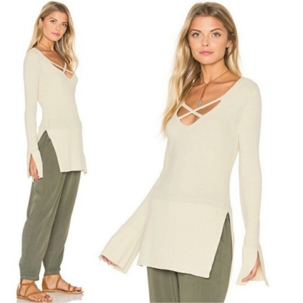 Free People small crisscross tunic sweater top cream side slits linen